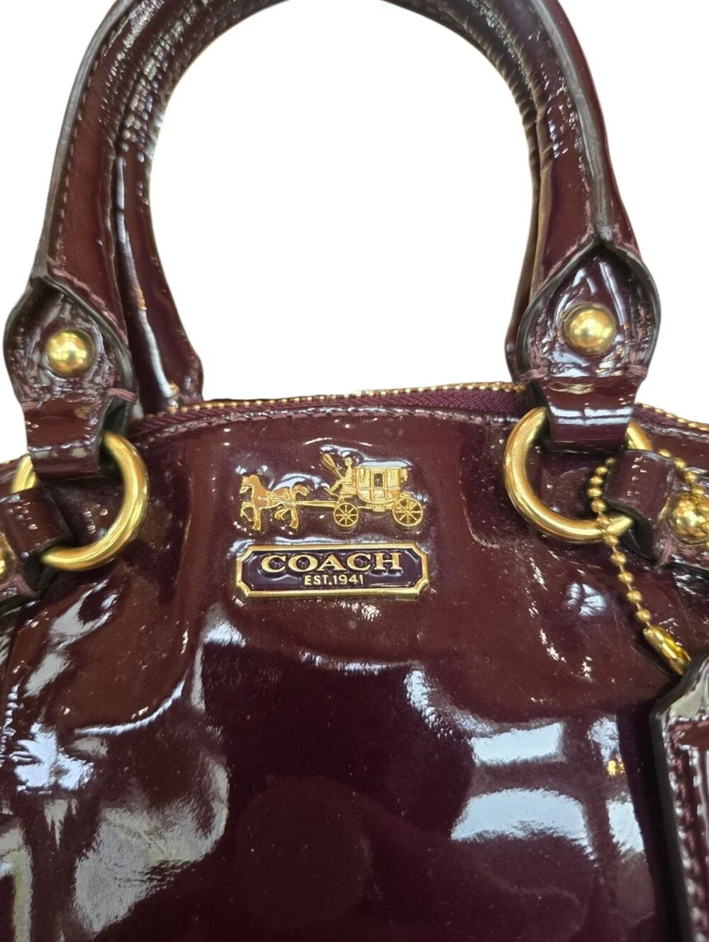 Coach Madison Shiny Patent Deep Burgundy Leather Lindsey Satchel Handbag